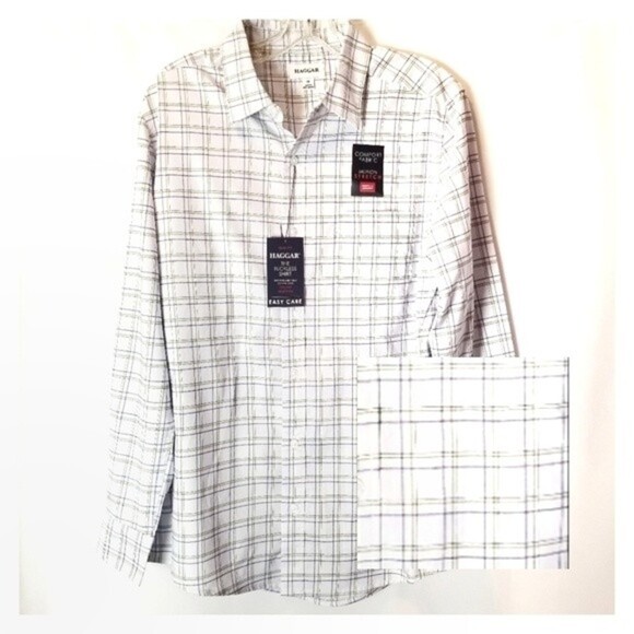 Haggar Tuckless Moisture Wicking Slim Fit White Plaid Shirt Size Medium - Picture 2 of 8